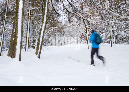 Escursionista maschio in esecuzione attraverso la coperta di neve bosco in prossimità di Kildale village, North York Moors National Park, England, Regno Unito Foto Stock