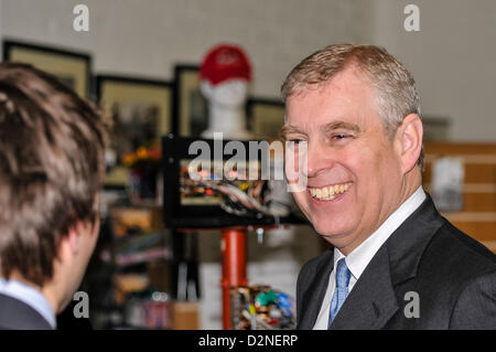 Il 29 gennaio 2013, Belfast, Irlanda del Nord. Il principe Andréj, il Duca di York, chat con un espositore in Irlanda del Nord il Parco della Scienza Foto Stock