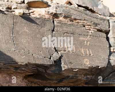 Arte rupestre in corrispondenza del sito di Foum Chenna, Oued Tasminaret Valley, Tinzouline, Valle di Draa, Marocco, Africa del Nord Foto Stock