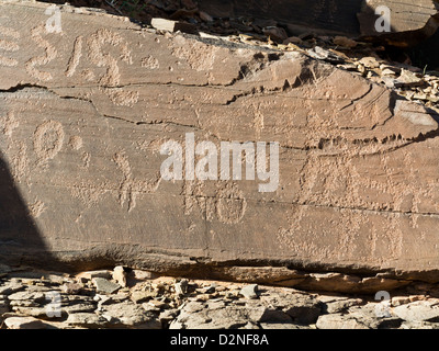 Arte rupestre in corrispondenza del sito di Foum Chenna, Oued Tasminaret Valley, Tinzouline, Valle di Draa, Marocco, Africa del Nord Foto Stock