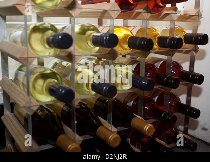 Foto di bottiglie di vino su un rack di vino Foto Stock