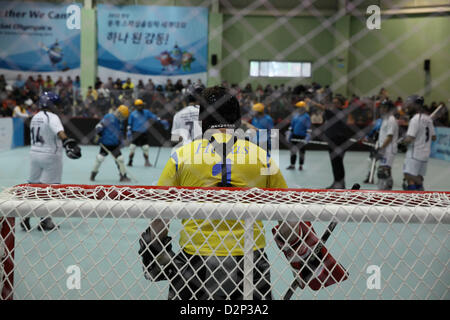 Pyeongchang, Corea del Sud. Il 30 gennaio 2013. Il team greco di hockey del rullo durante il primo giorno al mondo Winter Special Olympics in Puengchang in Corea nel gennaio 30,2013. Credito: Yiannis Kourtoglou / Alamy Live News Foto Stock