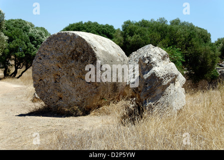 Abbandonato V secolo a.c. la colonna cilindrica del tamburo a blocchi le antiche cave di grotta de Cusa. Selinunte. Sicilia. Italia Foto Stock