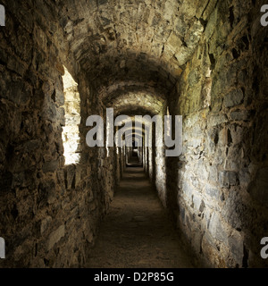 Lungo il corridoio in pietra con finestre in antico castello Foto Stock