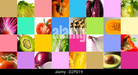 Creative collage di frutta e verdura e blocchi di colore Foto Stock