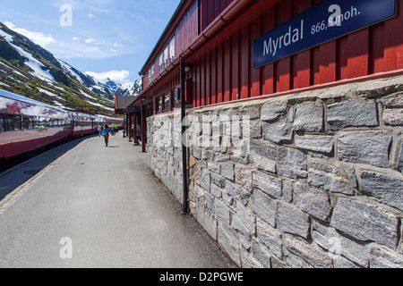 Myrdal stop sul Bergen ferrovia che collega Bergen e Oslo Norvegia, insieme con una connessione a Flam tramite la ferrovia Flåm Foto Stock