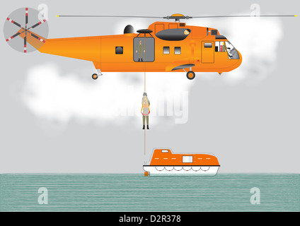 Una dettagliata illustrazione vettoriale di un arancione di Ricerca e Salvataggio in elicottero in bilico mentre winching un Crewman giù su una scialuppa di salvataggio in un'operazione di salvataggio Foto Stock