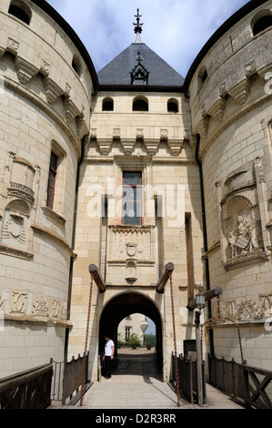 Ornate sculture in pietra all'ingresso al Chateau de Chaumont, Chaumont sur Loire, Loir-et-Cher, Valle della Loira, Centro, Francia Foto Stock