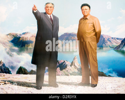 La verniciatura dei grandi leader Kim Jong Il e Kim Il Sung, Pyongyang, Corea del Nord Foto Stock