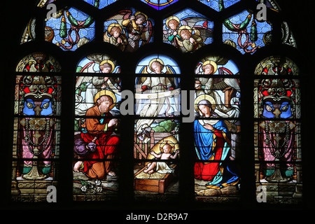Vetrata raffigurante la Natività, St. Eustache chiesa, Parigi, Francia, Europa Foto Stock