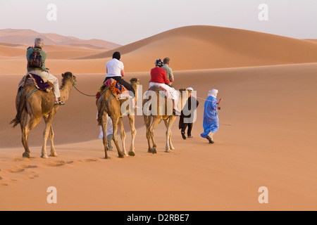 I turisti in una corsa in cammello dune di Merzouga Marocco Sahara Foto Stock