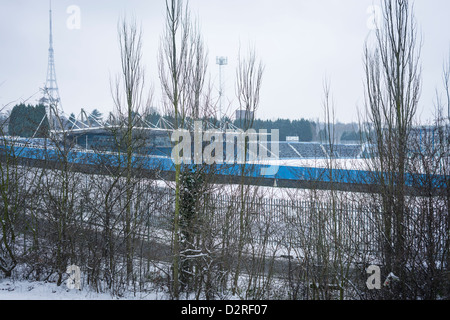 Coperta di neve il Centro Sportivo Nazionale al Crystal Palace di Londra Sud, England, Regno Unito Foto Stock