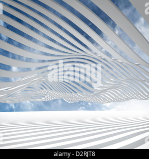 Abstract architettura 3D sfondo bianco con strisce ondulato contro il cielo nuvoloso Foto Stock