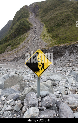 Segnale di avvertimento in corrispondenza di Fox Glacier, Isola Meridionale, Nuova Zelanda Foto Stock