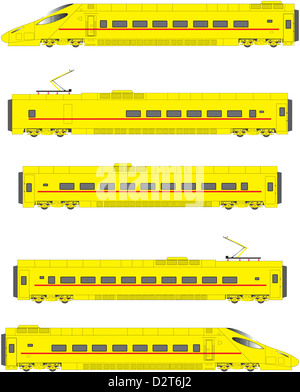 Un vettore dettagliate illustrationof un giallo ad alta velocità di ribaltamento elettrico treno delle unità di alimentazione e carrelli Foto Stock