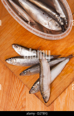 Acciughe salate nella casella su sfondo di legno Foto Stock