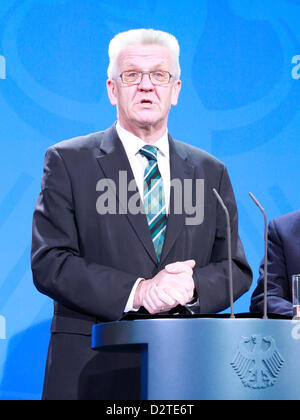 La cancelleria di Berlino, Germania. Il 1 febbraio 2013. Il primo ministro odf Baden-Württemberg, Winfried Kretschmann (Verdi) parla durante una conferenza stampa a Berlino Foto Stock