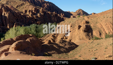 Un corso d'acqua attraverso una gola nella valle Du Dades noto localmente come Monkey i piedi o le dita di scimmia, Marocco, Africa del Nord Foto Stock