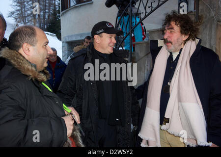 Da sinistra: George Bedjamov (Presidente di Bob Federazione di Russia),HRH Albert Grimaldi con Monthy Shadow (maestri d'Arte) Monaco Bob gara presso l'Olympia Bob Run a Saint Moritz (St.Moritz) Svizzera il 1 ° febbraio, 2013 Photo credit: fotoSwiss.com/cattaneo Foto Stock