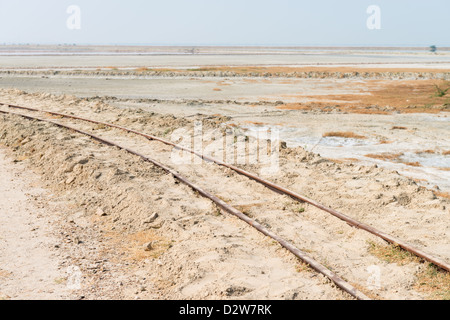 Vecchia linea ferroviaria su Sambhar Salt Lake. È l'India del più grande lago salino, in cui il sale è stata coltivata per un migliaio di anni. Foto Stock