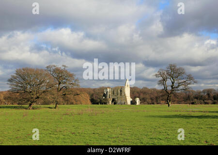 2° febbraio 2013. Pyrford, Surrey, Inghilterra, Regno Unito. Sole splende sulle rovine di Newark Priory. Fondata nel XII secolo sulle rive del fiume Wey e distrutta dal re Enrico VIII durante la dissoluzione dei monasteri 1538. Foto Stock