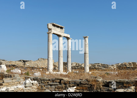 Delos. La Grecia. Quattro colonne di marmo appartenente al complesso della fondazione del Poseidoniasts di Berytos (Beirut). Foto Stock