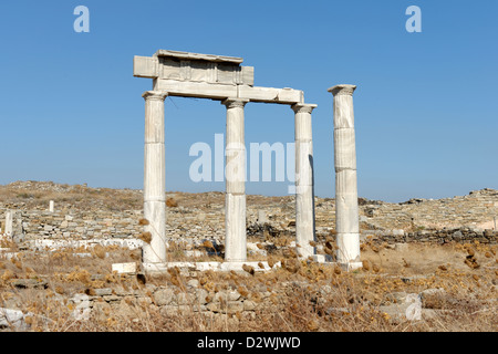 Delos. La Grecia. Quattro colonne di marmo appartenente al complesso della fondazione del Poseidoniasts di Berytos (Beirut). Foto Stock