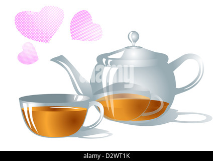 Tazza di tè, teiera, cuori isolati su bianco Foto Stock