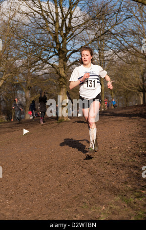 Cross Country Championships senior e tra le giovani ragazze condizioni estremamente fangose su un pendio di estensione verso il basso per terminare Foto Stock