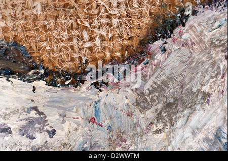 Impasto dettaglio della pittura a olio pennellate e pallet coltello in una fitta trama di olio di semi di lino di vernici basate su alcune tele su misura Foto Stock
