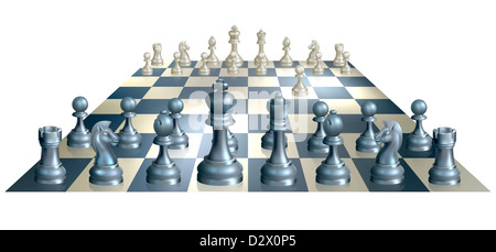 Un set completo di pezzi di scacchi e la scheda appena dopo la partenza di un gioco con il bianco dopo aver fatto l'apertura spostare Foto Stock