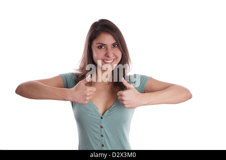 Donna sorridente con il pollice in alto Foto Stock