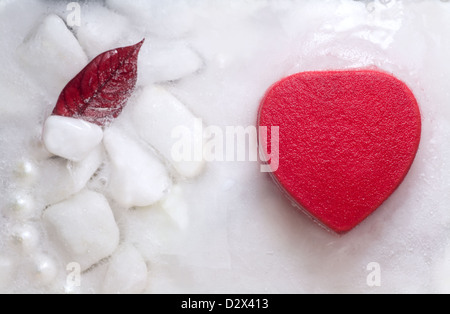 Congelati splendido cuore rosso con cristalli di ghiaccio Foto Stock