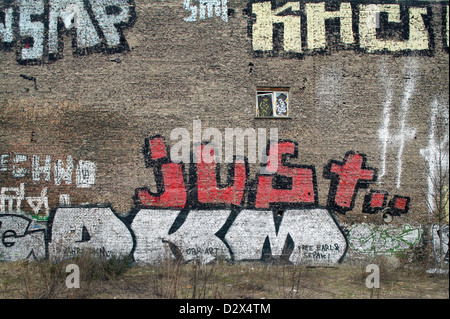 Berlino, Germania, graffiti sul muro di fuoco vacante Fabrikgebaeude Foto Stock