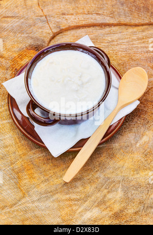 Ciotola di capra biologico yogurt con il cucchiaio di legno Foto Stock