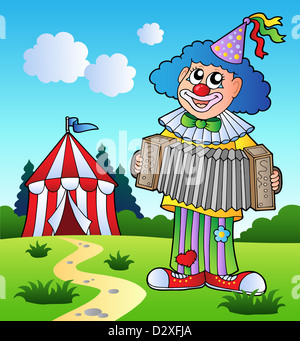 Clown suonare la fisarmonica nei pressi di tenda - Illustrazione a colori. Foto Stock