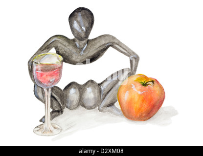 Il partito con il vino rosso, apple e figurine da un legno di ebano in stile africano isolati - - fatti a mano di pittura ad acquerello illustratio Foto Stock