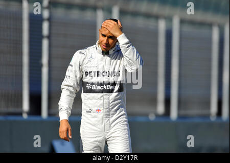 4° febbraio 2013. Motorsport, la Mercedes GP presenta il W04 gara di Formula Uno auto sul Circuito de Velocidad a Jerez de la Frontera, Spagna. Lewis Hamilton (GBR) Foto Stock