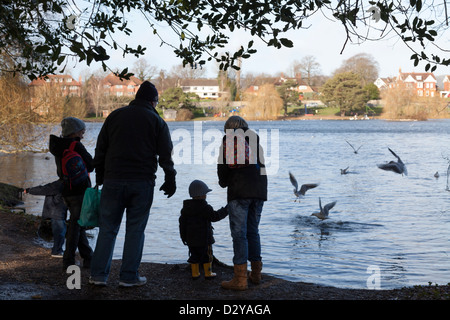 Famiglia di due adulti e tre childten in semi shiloutte alimentazione di gabbiani a Petersfield lago Foto Stock