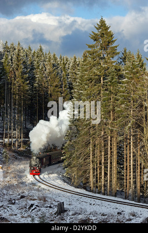 Treno a vapore a Brocken montagna vicino a Drei Annen-Hohne, Montagne Harz, Sassonia-Anhalt, Germania Foto Stock