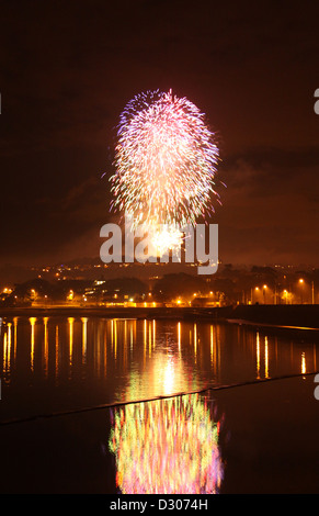 Fuochi d'artificio riflessa nell'acqua di notte. Foto Stock