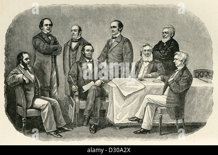 1892 incisione, Abraham Lincoln e il suo armadio 1862 firma il Proclama di emancipazione. Foto Stock