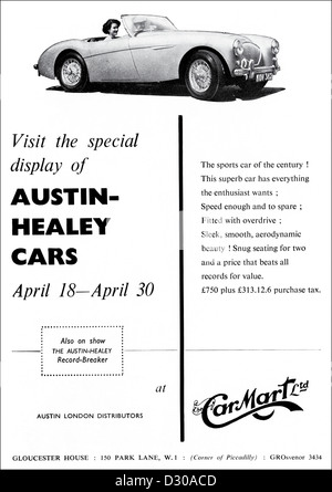 Originale degli anni cinquanta vintage annuncio stampa dalla rivista inglese pubblicità Austin Healey auto Foto Stock