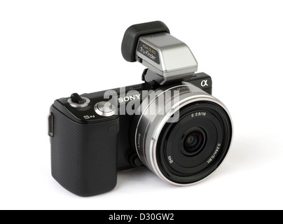 Sony Alpha Nex 5N ottica intercambiabile mirrorless fotocamera compatta con display OLED mirino elettronico e 16mm pancake lente Foto Stock