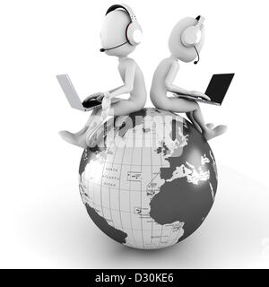 3d uomo e computer portatile seduto sul globo terrestre Foto Stock