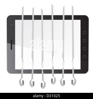 Tablet PC computer con un barbeque e spiedini isolati su sfondo bianco. Foto Stock
