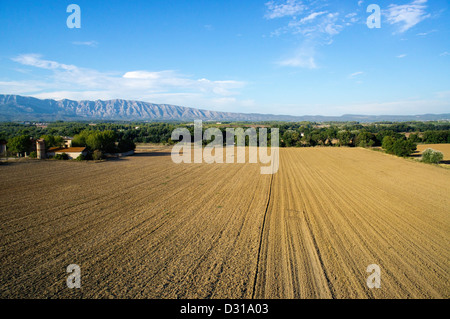 Trets, Bouches-du-Rhône, campagna francese - campi arroccati in autunno con montagne Sainte-Victoire sullo sfondo Foto Stock
