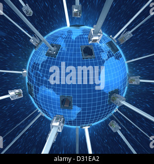 Cavo RJ-45 che collega il pianeta terra. Concetto mondo interconnesso. Foto Stock