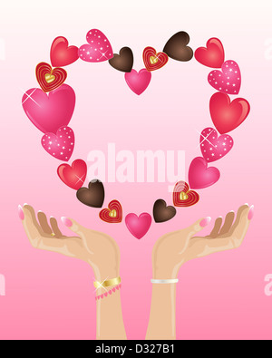 Una illustrazione delle mani con rosa smalto per unghie al di sotto di un san valentino fatto di cuori decorativi su uno sfondo rosa Foto Stock