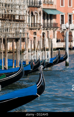 Gondole ormeggiate sul Canal Grande vicino a Ca' d'Oro, Dorsoduro, Venezia, Italia. Foto Stock